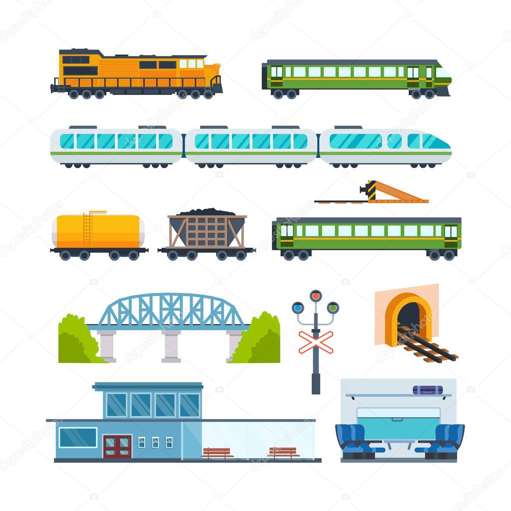 Locomotive, freight car and passenger car, railway station, train interior.