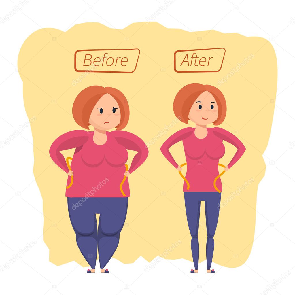 Fitness classes and weight loss concept. Girl before and after weight loss. Active sports and slimming girl with pretty face standing on scales and is happy new figure. Vector illustration isolated