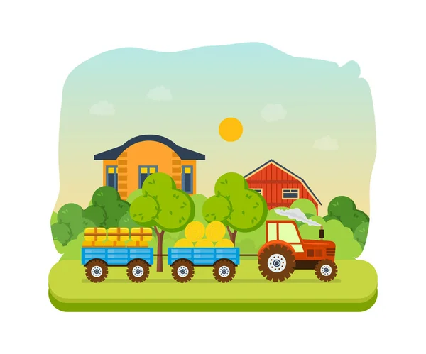 Agricultor e terras agrícolas, aldeia com jardins, vegetação, feno, produtos orgânicos . — Vetor de Stock