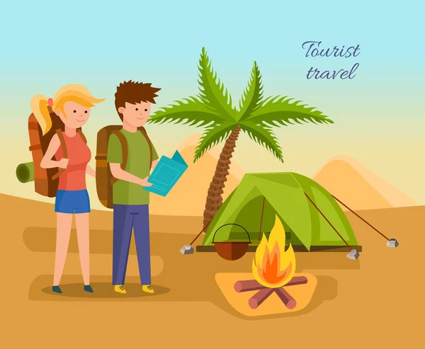 Couple travels, exploring terrain, setting tent, kindles fire and rests. — Stock Vector