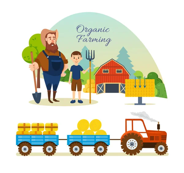 Agricultor, tierras de cultivo, pueblo con jardines, cosecha y grano, productos orgánicos . — Vector de stock