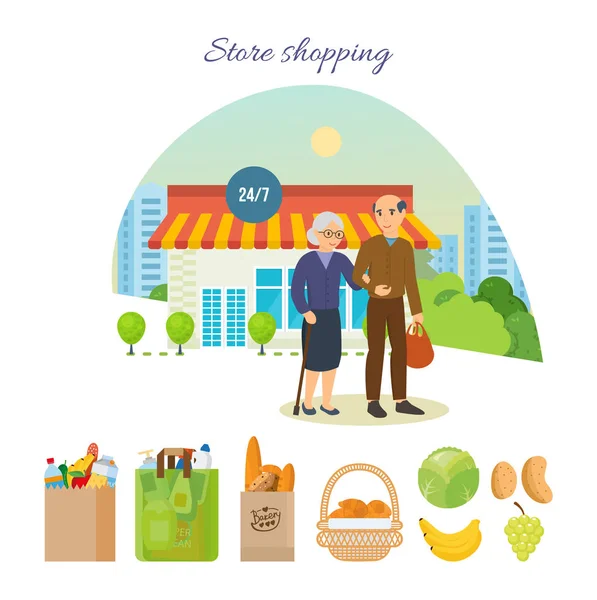 Adult couple after shopping at the mall, on city street. — Stock Vector