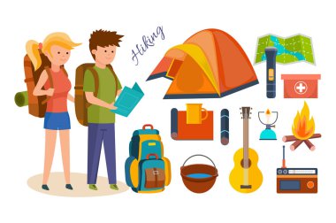 Hiking, kamp, temel donanım, doğa yürüyüşleri tesisleri turistler, yapan.