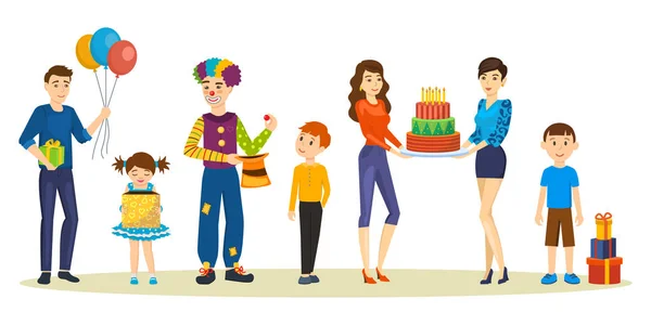 Fête d'anniversaire pour les enfants. Jeux, divertissement, cadeaux de vacances, humeur merveilleuse . — Image vectorielle