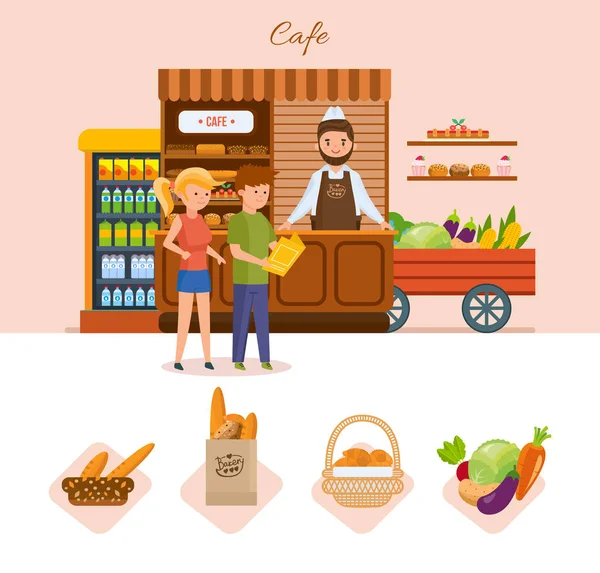 Young people in the cafe choose products from the menu. — Stock Vector