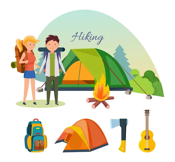 観光客、ハイキング、キャンプ、基本的な機器、ハイキングの設備に従事. — ストックベクタ