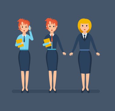 Ofis personeli, belgelerle çalışmak ve telefonda konuşmak.