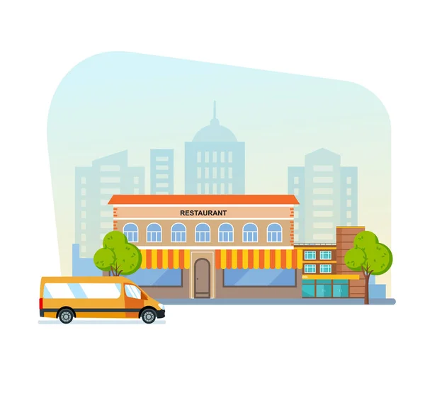 Landscape with buildings restaurant and street of city. Cityscape. — Stock Vector