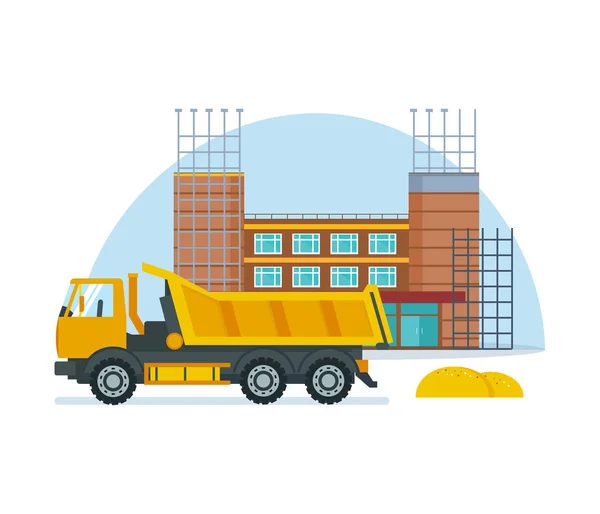 Процес будівництва шкільних приміщень за допомогою спеціальної вантажівки . — стоковий вектор