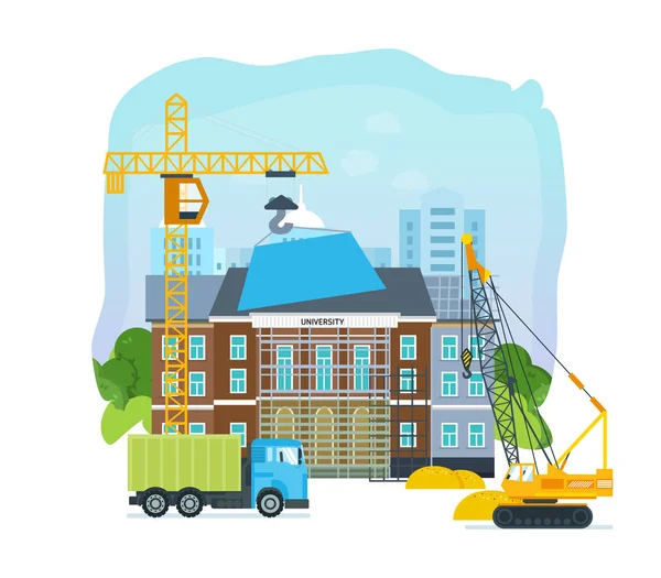 Process of building university with transport crane and truck . — Stock Vector