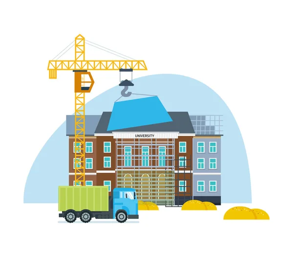 Processen att bygga universitet med transport kran och lastbil . — Stock vektor