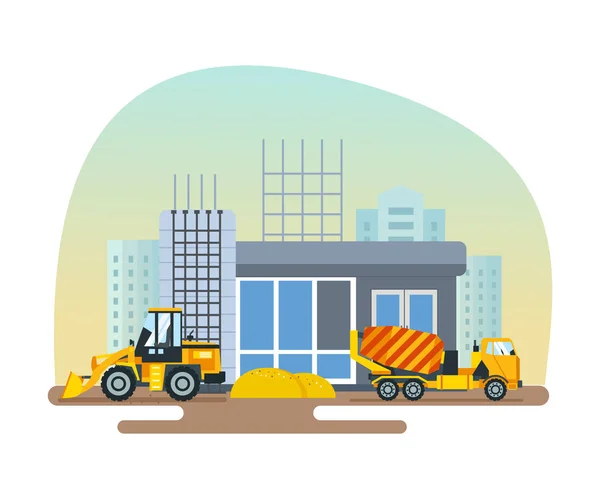 Ricostruzione di uffici postali, lavori su carrelli elevatori e betoniere . — Vettoriale Stock