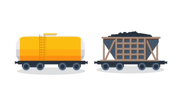Carri: trasporto e trasporto merci carbone. Carri con merci, cisterne . — Vettoriale Stock