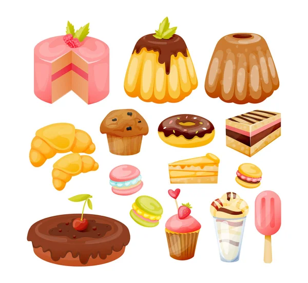En uppsättning olika sötsaker, läckra, vackra bakverk och desserter. — Stock vektor