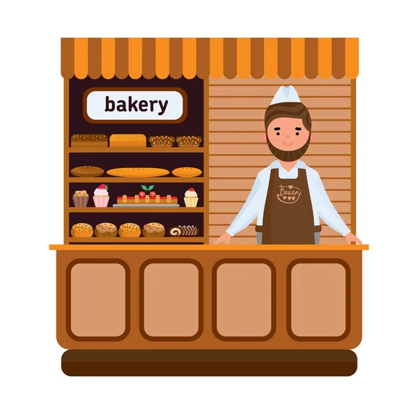 Produits de boulangerie et pain d'élite, bonbons, vendeur en tablier ferme — Image vectorielle