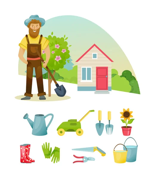 Agriculteurs des banlieues, matériaux, vêtements, équipements pour le travail . — Image vectorielle