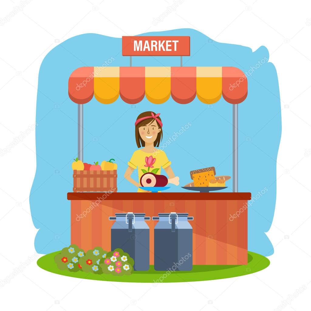 Pure natural food, agriculture, farming, shopping. Cashier sells eco products.