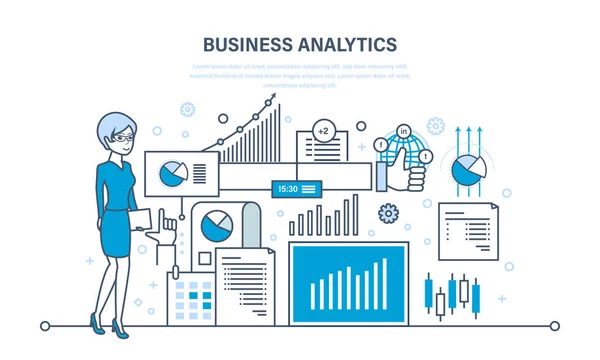 Analisi aziendale, analisi dei dati, statistica strategica e pianificazione, marketing . — Vettoriale Stock