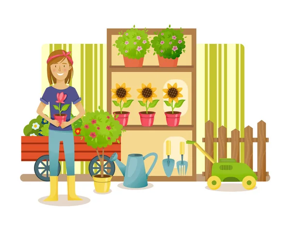 Farmer, stands near the department with plants and garden products. — Stock Vector