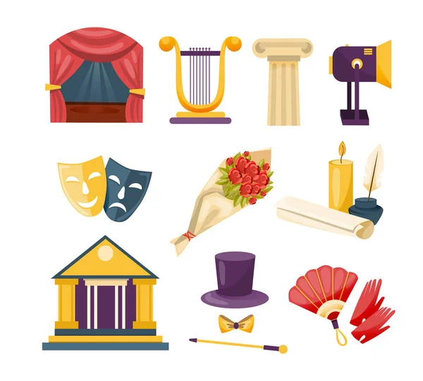 Conjunto de iconos de rendimiento teatral conjunto. Interior, equipamiento, pertenencias . — Vector de stock