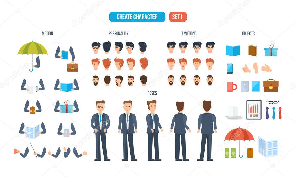 Set for creating character businessman, consisting of various details.