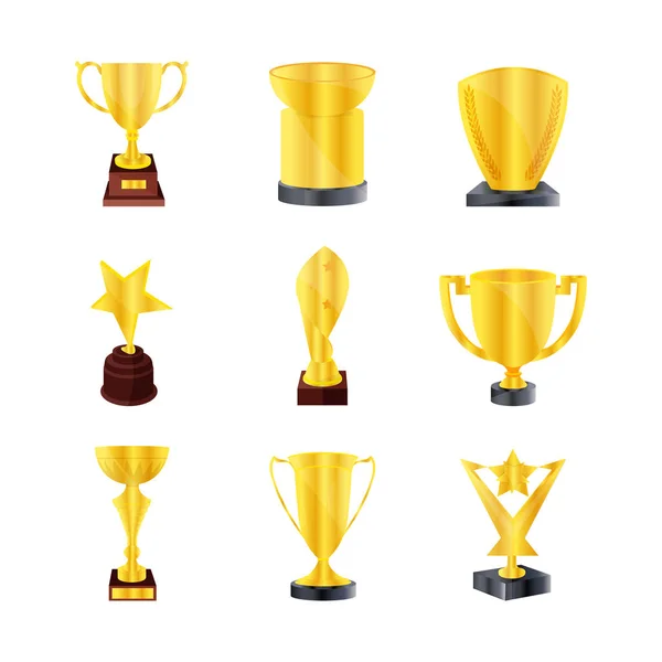 Ensemble de différents types de trophées d'or, bols d'or. Coupe des gagnants . — Image vectorielle