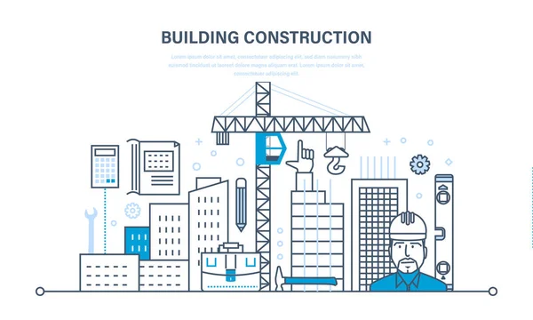 Construction de maisons, chantiers de construction, solutions de conception, contrôle, gestion des processus . — Image vectorielle