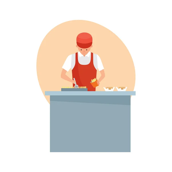 Satıcı, patates kızartması ve hamburger tezgahın arkasındaki hazırlanıyor. — Stok Vektör