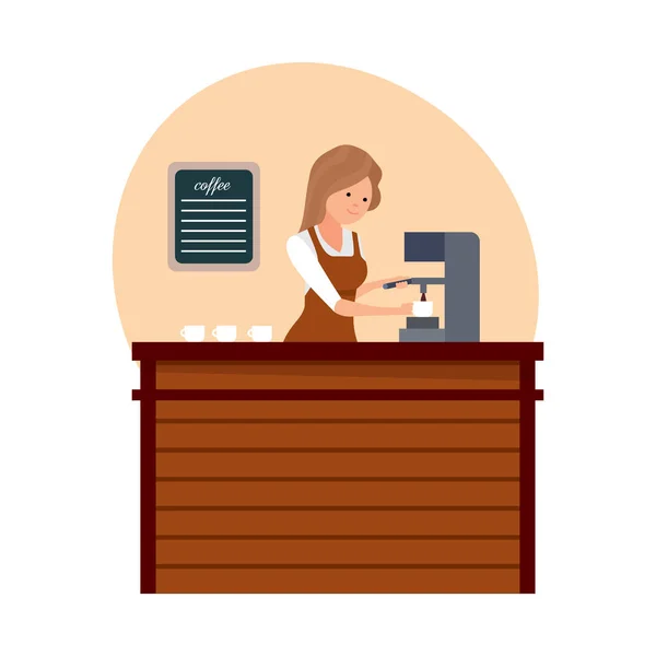 Barista is near coffee machine, is preparing drink, behind counter. — Stock Vector