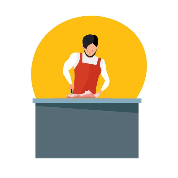 L'homme vend de la viande dans un tablier de travail, coupe de la viande avec un couteau . — Image vectorielle