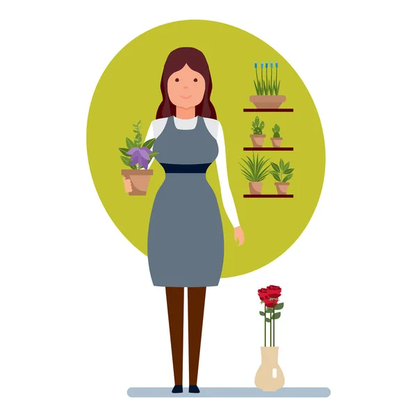 Venditore in negozio di fiori tiene in mano pentola di fiore . — Vettoriale Stock