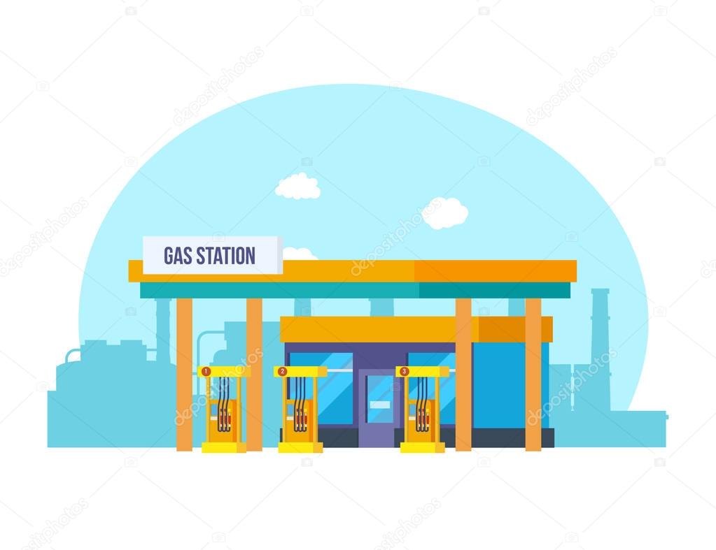 Gas station, appearance, technical equipment, against backdrop of city streets.