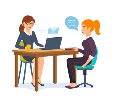 Kadın bir işveren potansiyel çalışan ile görüşmeler, iletişim, bilgi alışverişi.