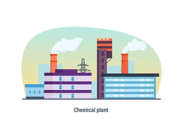 Construcción de una planta química contra el telón de fondo de la ciudad, red eléctrica . — Archivo Imágenes Vectoriales