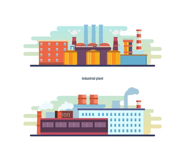 Κτίρια βιομηχανικής εγκατάστασης και ηλίου εργοστάσιο, σταθμούς, Πόρος εργασίας. — Διανυσματικό Αρχείο