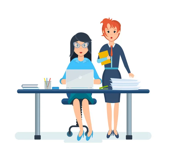 Beautiful girl in strict clothing, working next to her colleague — Stock Vector