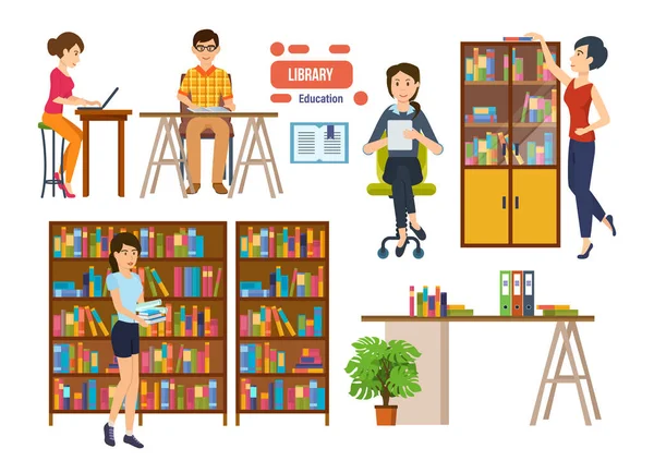 Personer med böcker, i bibliotek, plockar upp det nödvändiga materialet. — Stock vektor