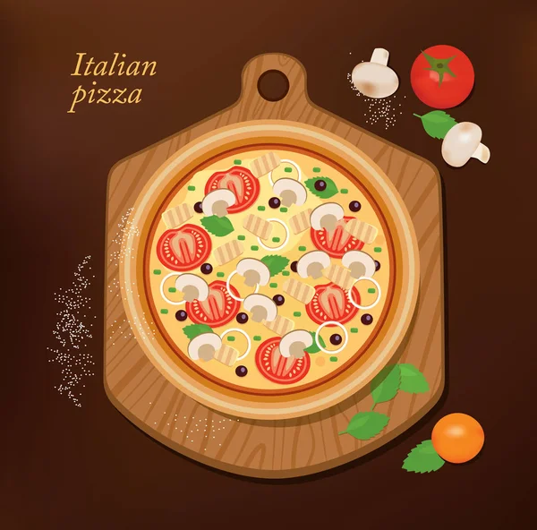Pizza a bordo y los ingredientes para pizza en pizarra . — Vector de stock