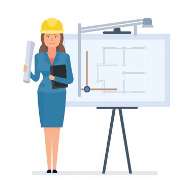 Belgeleri, çizimleri ile stand yakın olan baş mühendis Tasarımcısı.