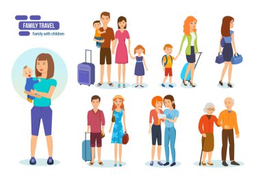 Ortaklar, aile dostları ve çocuklar ile seyahat eden laggage ile turistler.
