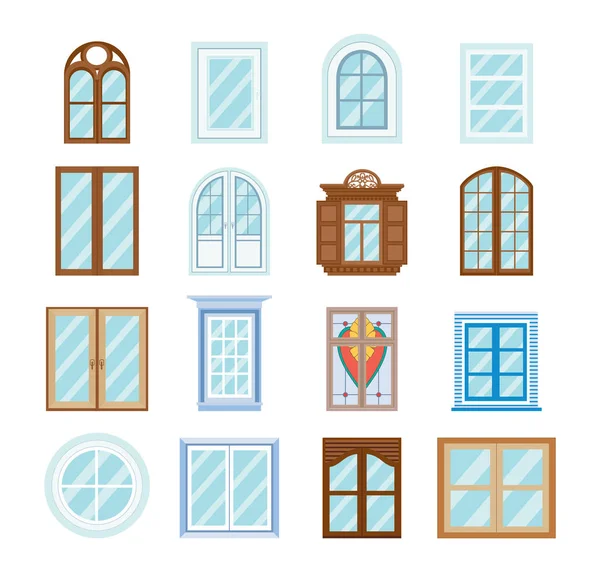 Reihe von Holzfensterrahmen, Architektur-Design im Freien, Außenansicht. — Stockvektor