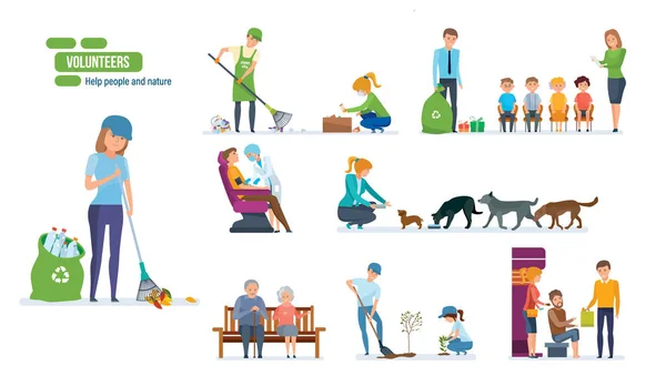 Set of people helping elderly, animals, planting and cleaning city. — Stock Vector