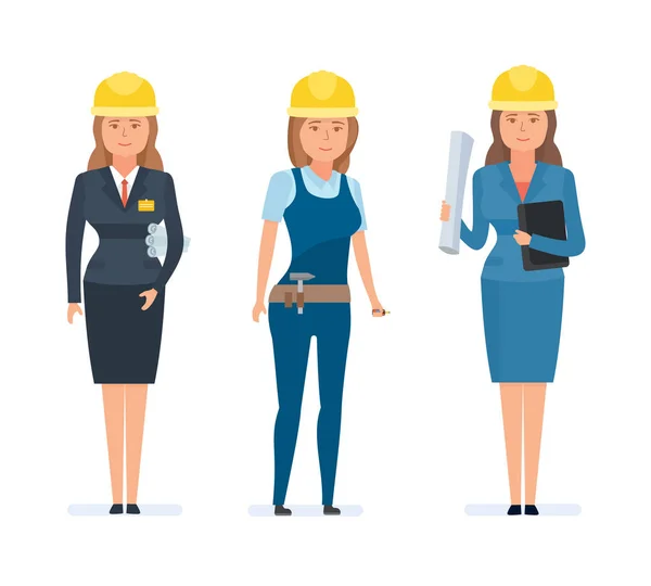 Set of girls engineers and designers, in branded overalls, uniforms. — Stock Vector