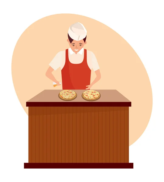 Un chef sosteniendo una pizza recién cocinada con trajes de marca . — Vector de stock