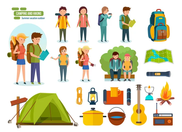 キャンプ用品、バックパッカー、登山、野外活動、人々 のためのセット. — ストックベクタ