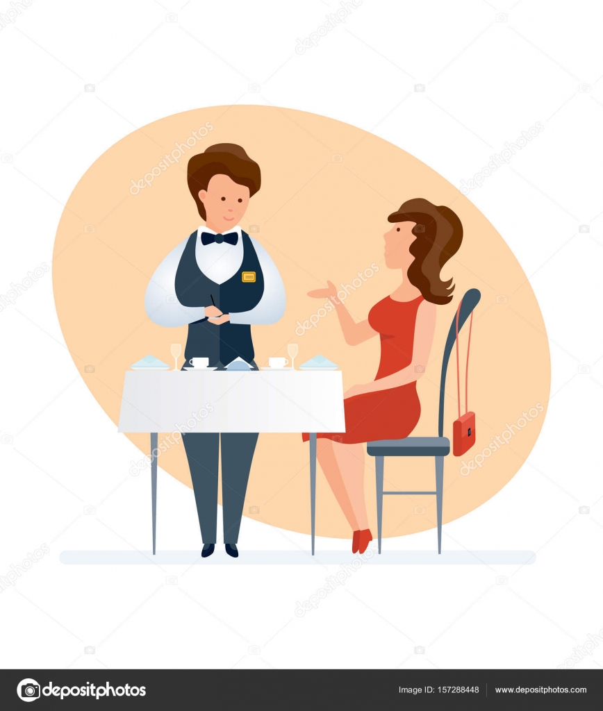 Fashionable girl visits restaurant, orders dishes, waiter serves customer.  Stock Vector Image by ©ideyweb #157288448