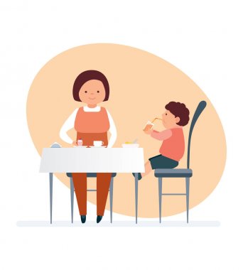 Anne ve çocuk ziyaret Restoran, lezzetli yemek siparişi, içecekler.