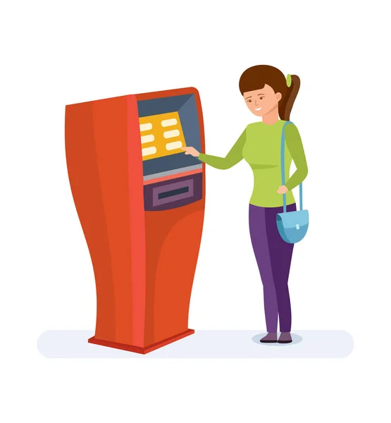 Chica utiliza los servicios financieros de la terminal bancaria con fines personales . — Archivo Imágenes Vectoriales