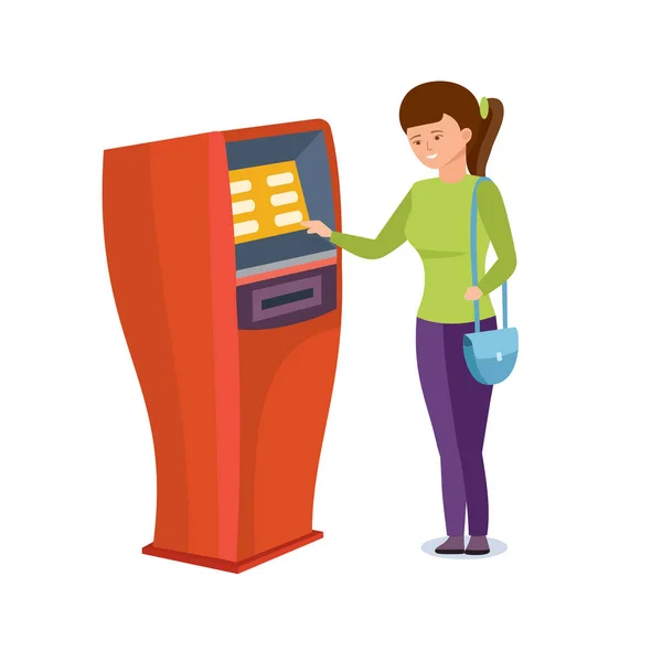 Menina usa serviços financeiros de terminal bancário para fins pessoais . —  Vetores de Stock
