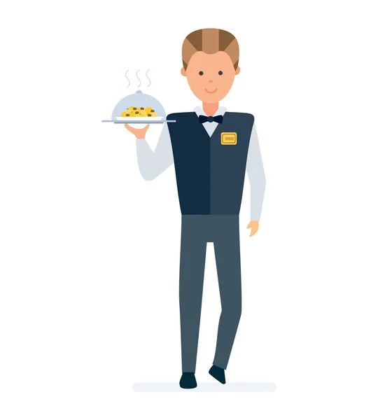 Serveur de restaurant, en vêtements de marque prend l'ordre, apporte un plat . — Image vectorielle